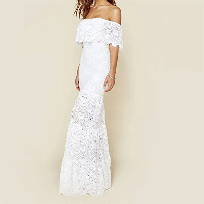 Sexy Off Shoulder Dress Ruffle White Lace Beach Wedding Party Long Maxi Dress