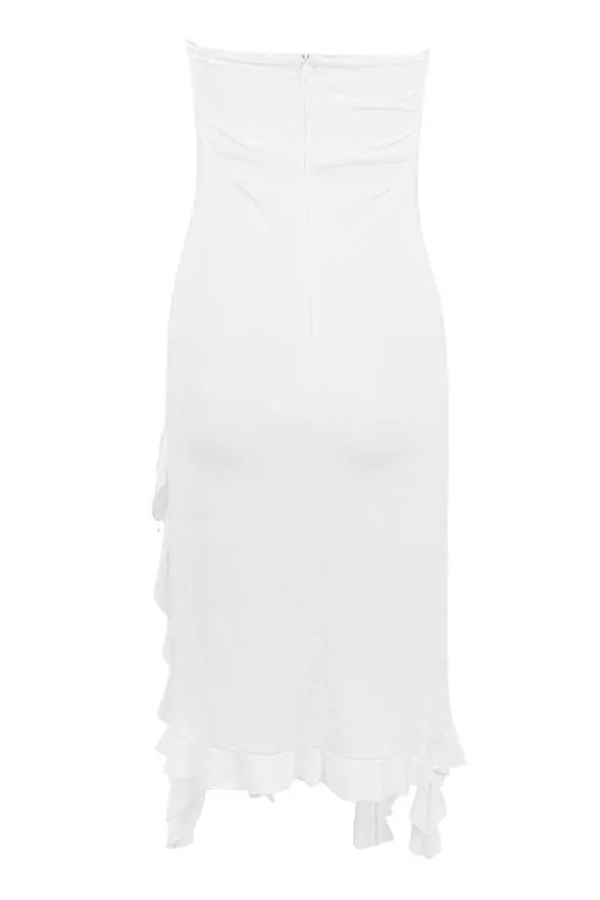 Sexy Rosette Applique Strapless Side Split Draped Ruffle Club Midi Dress