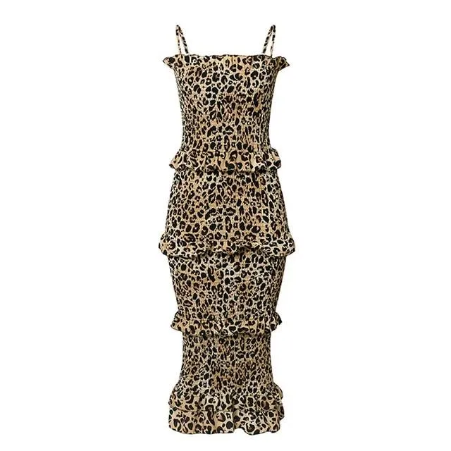 Sexy Spaghetti Strap Elegant Dot Print Leopard Bodycon Midi dress