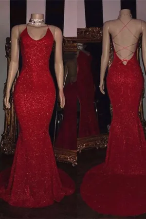 Sexy Spaghetti Straps Red Mermaid Prom Dress Sequins Chiffon Long