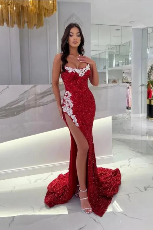 Sexy Strapless Red Sequins Crystals Long Mermaid Evening Dress #SEK195