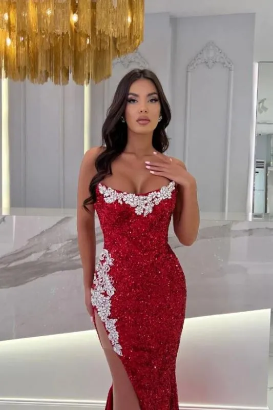 Sexy Strapless Red Sequins Crystals Long Mermaid Evening Dress #SEK195