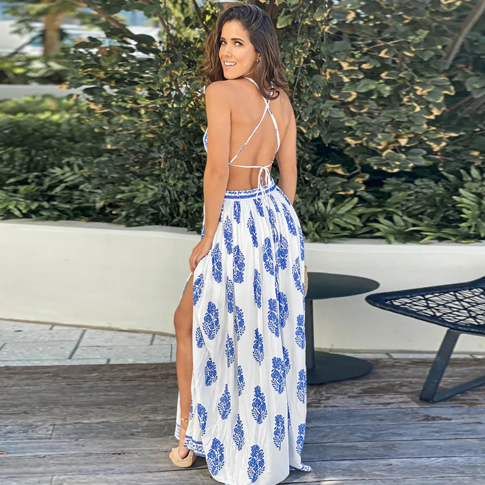 Sexy vintage print slit backless lace-up dress bohemian beach maxi summer