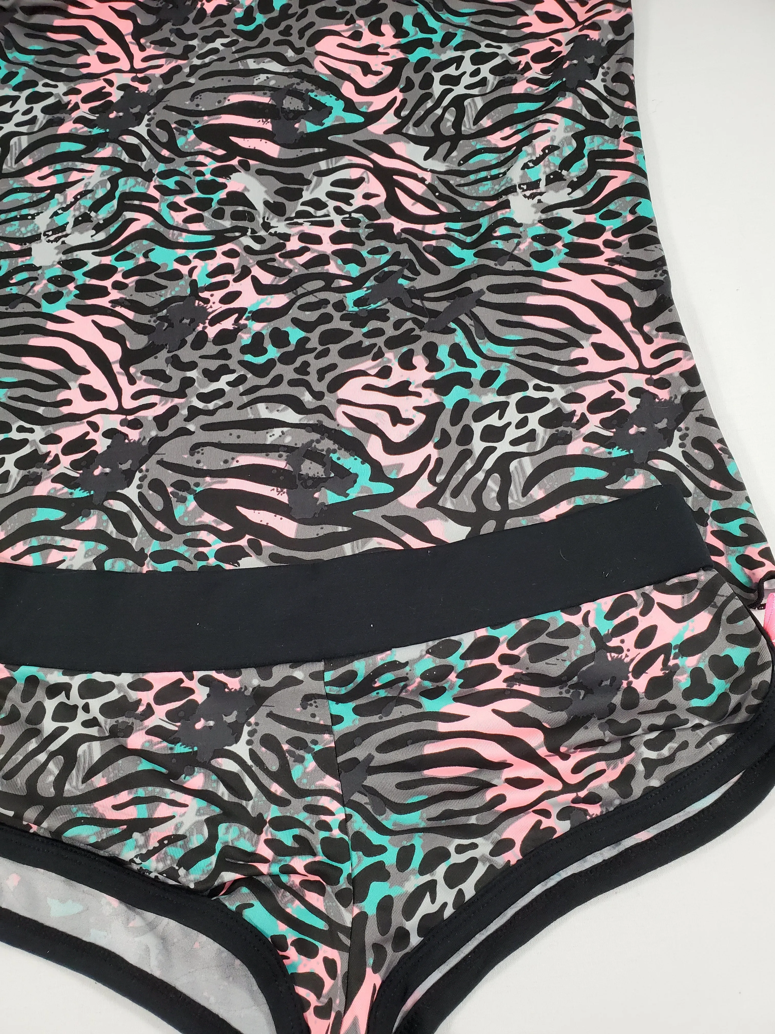 Sexy Women's pajama black short shorts and blouse multicolor zebra theme