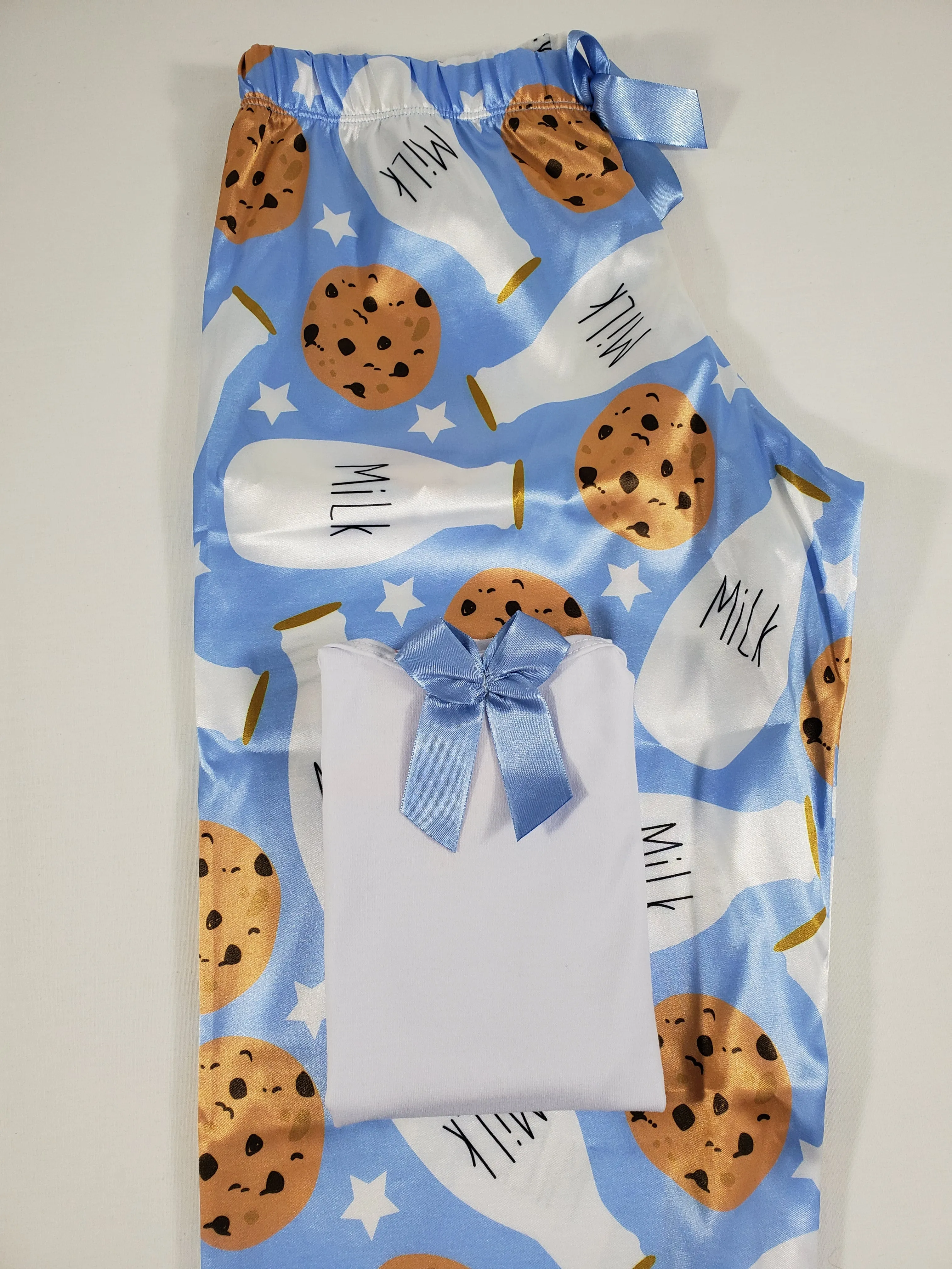 Sexy Women's pajama blue satin pants milk and cookies theme white blouse