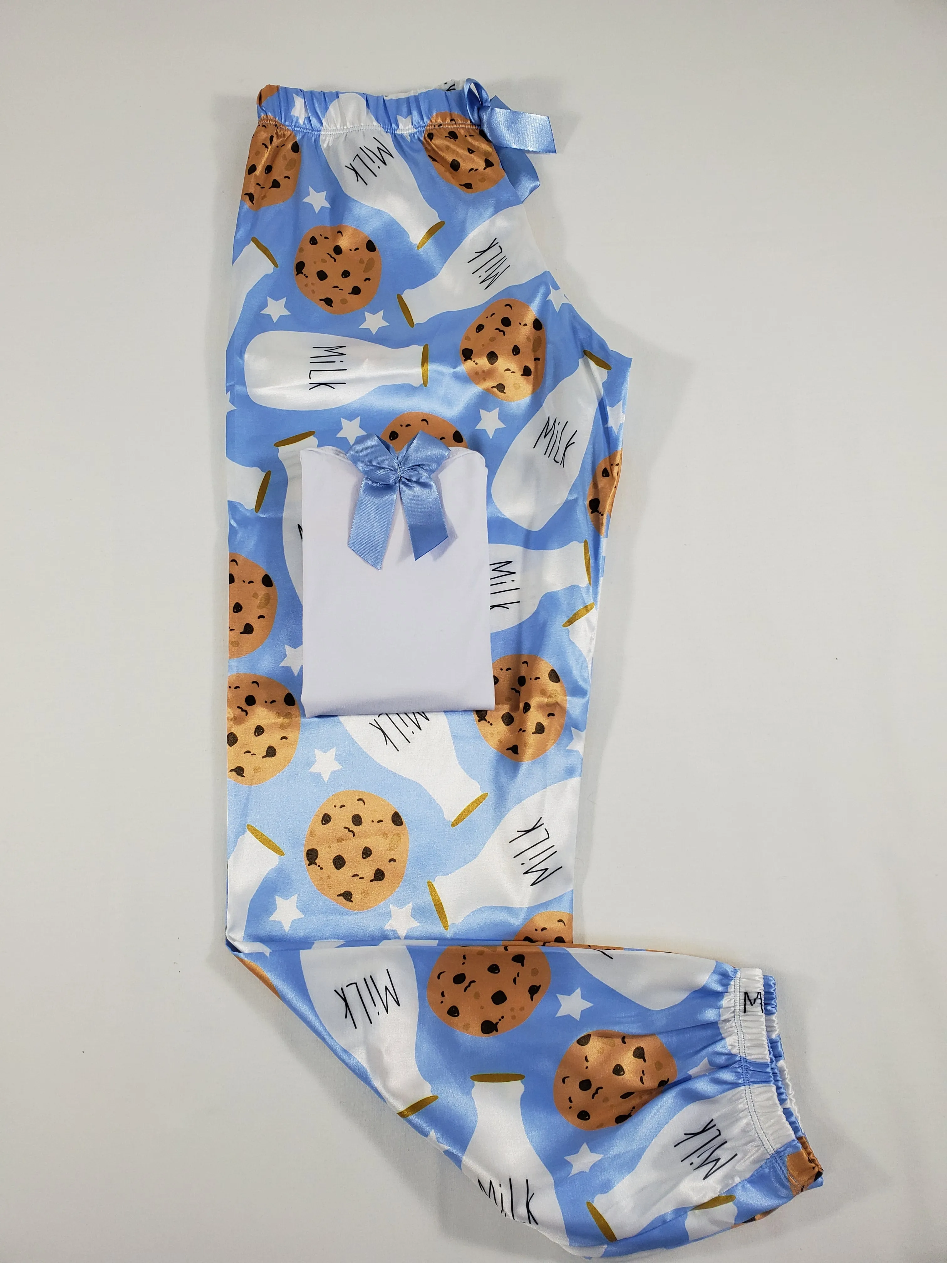 Sexy Women's pajama blue satin pants milk and cookies theme white blouse