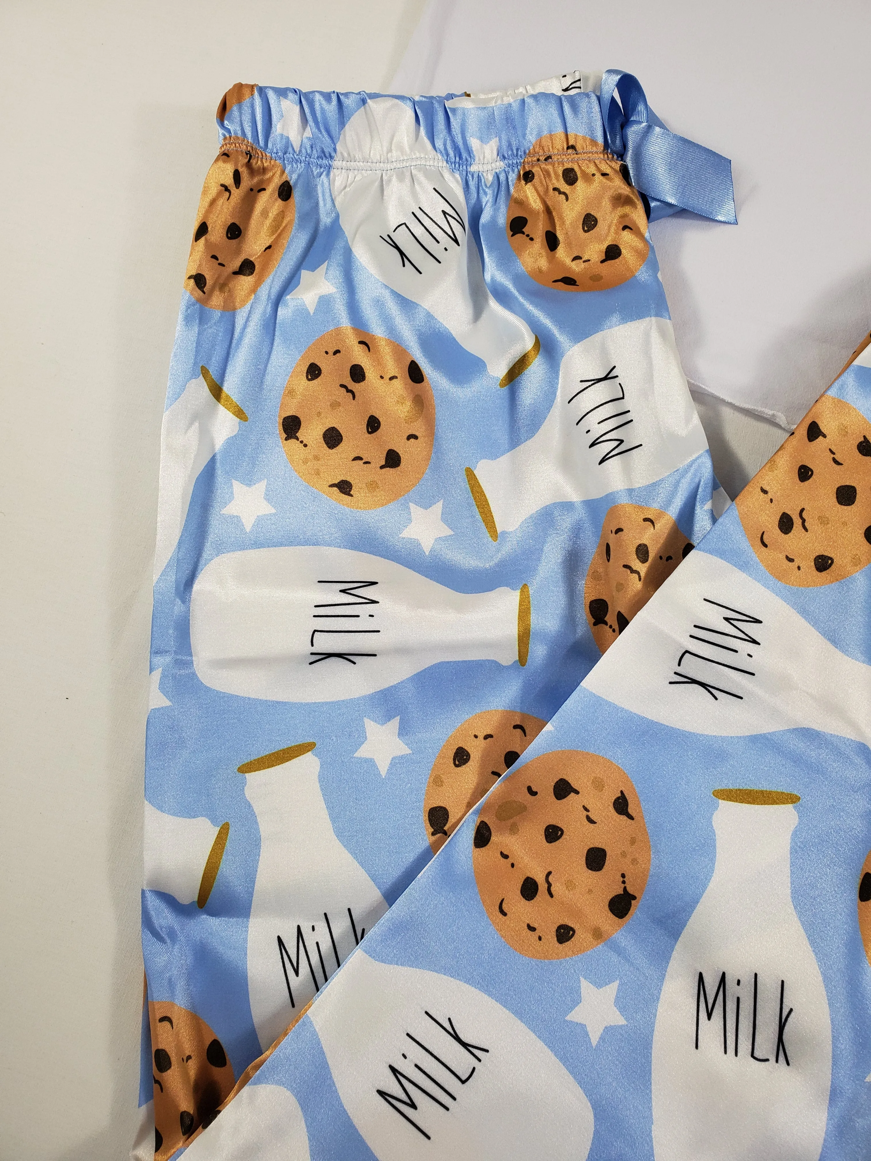 Sexy Women's pajama blue satin pants milk and cookies theme white blouse