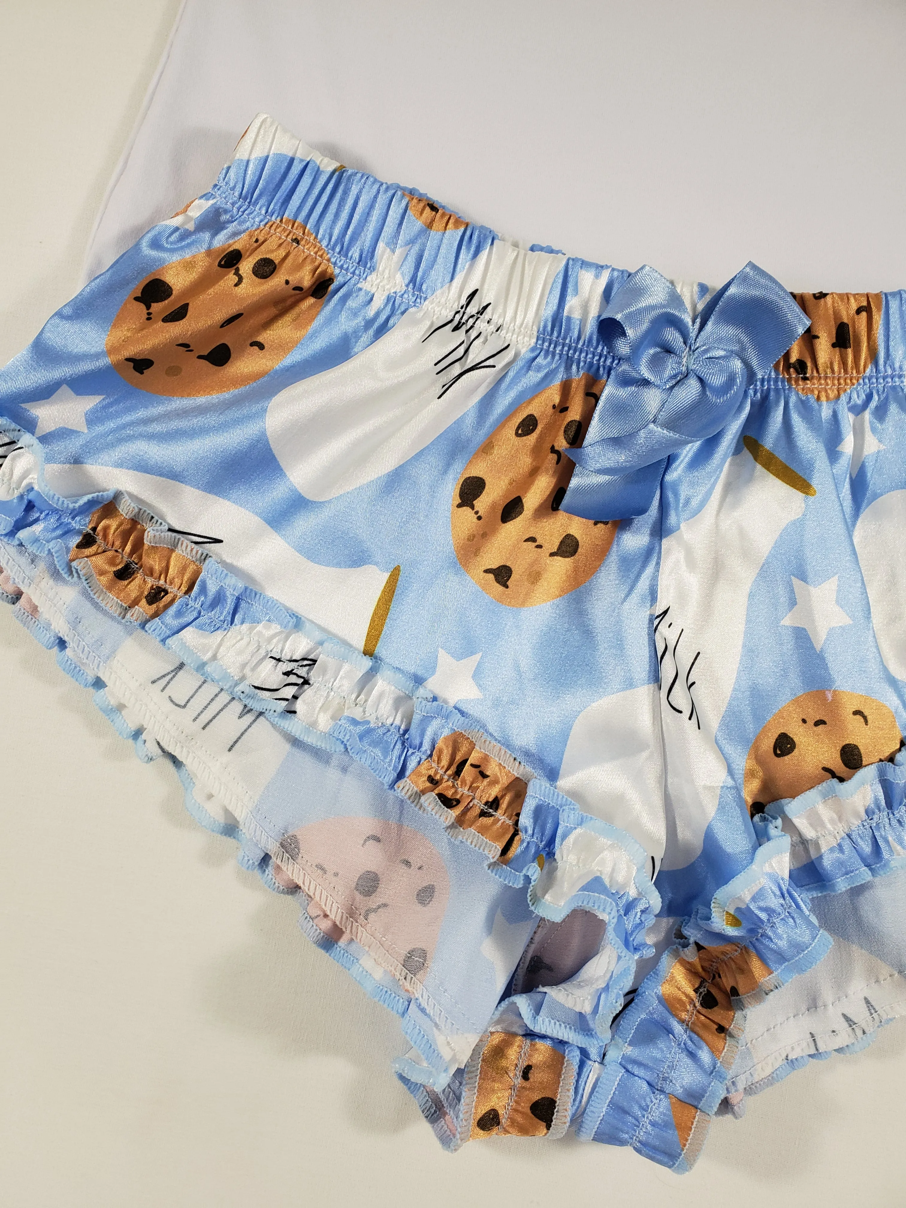 Sexy Women's pajama blue satin shorts cookies and milk theme white blouse