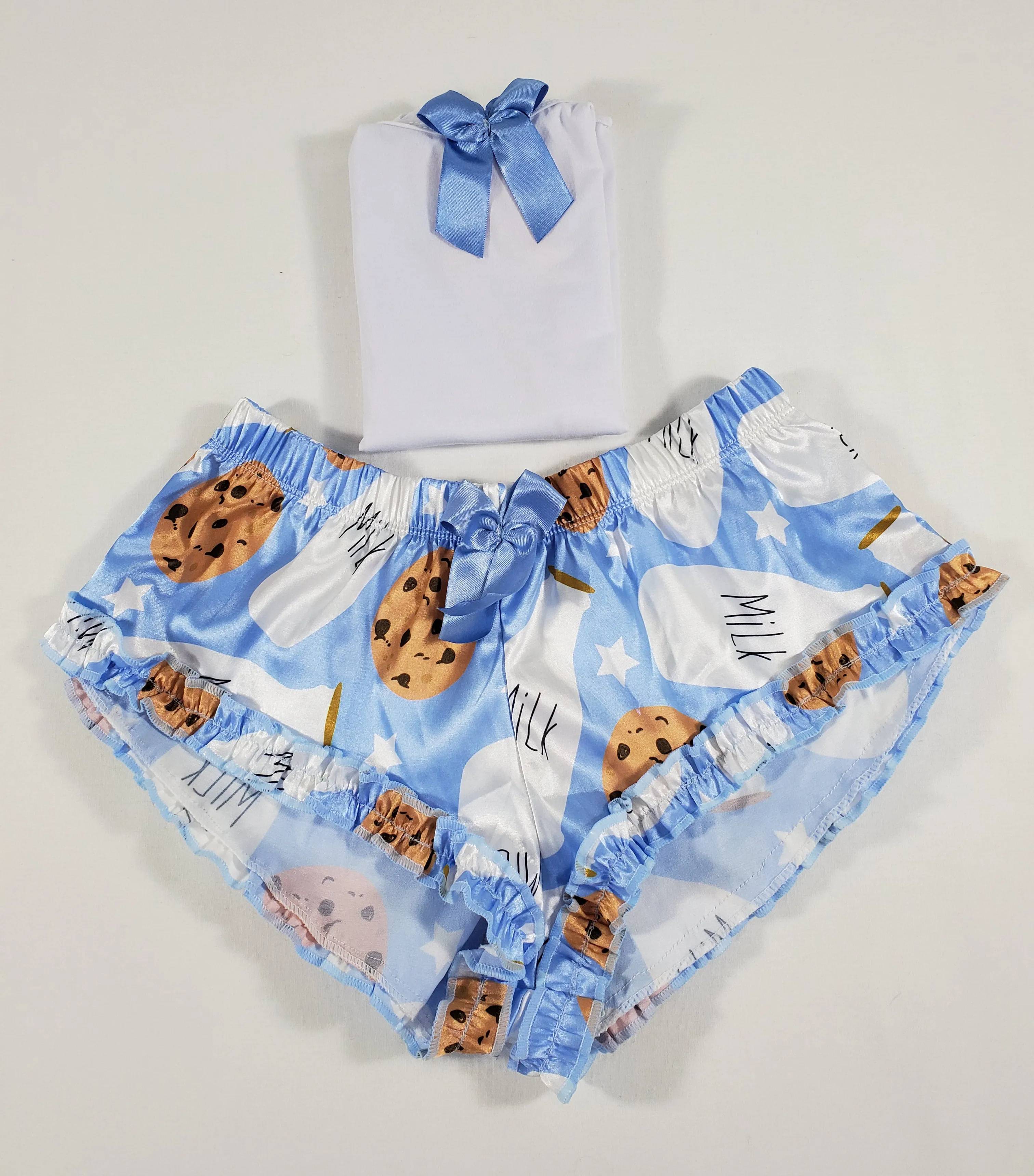 Sexy Women's pajama blue satin shorts cookies and milk theme white blouse