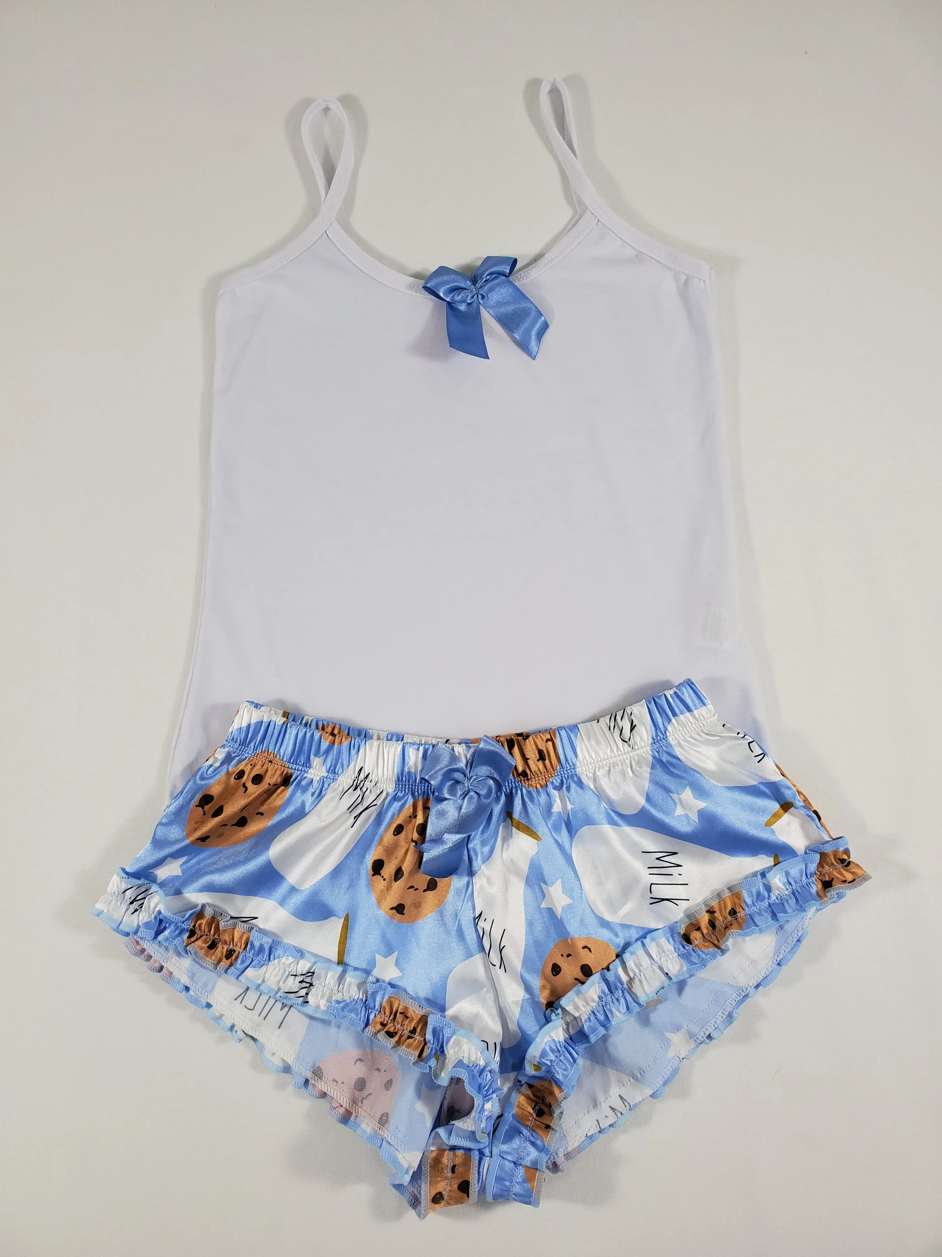 Sexy Women's pajama blue satin shorts cookies and milk theme white blouse