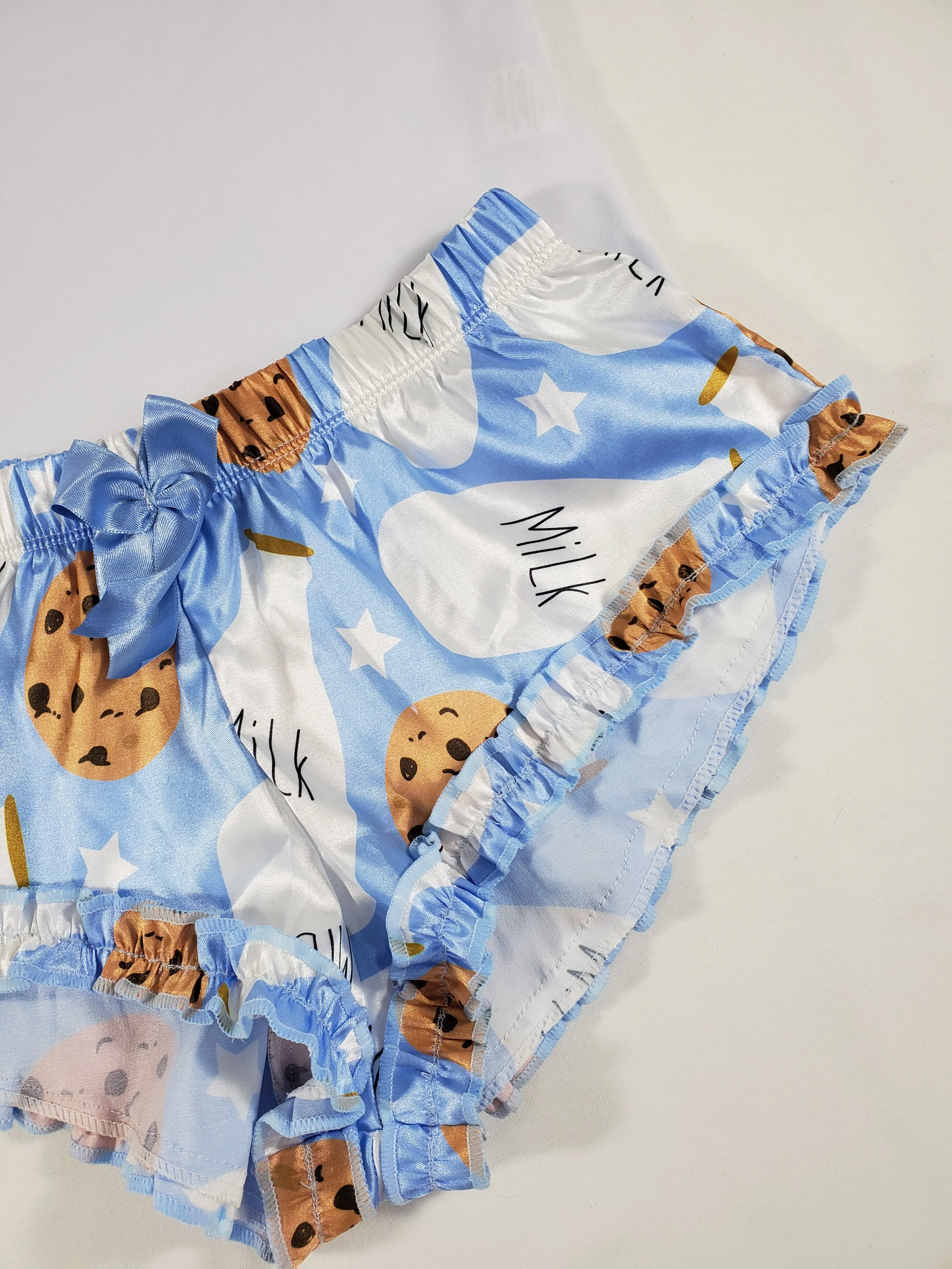 Sexy Women's pajama blue satin shorts cookies and milk theme white blouse