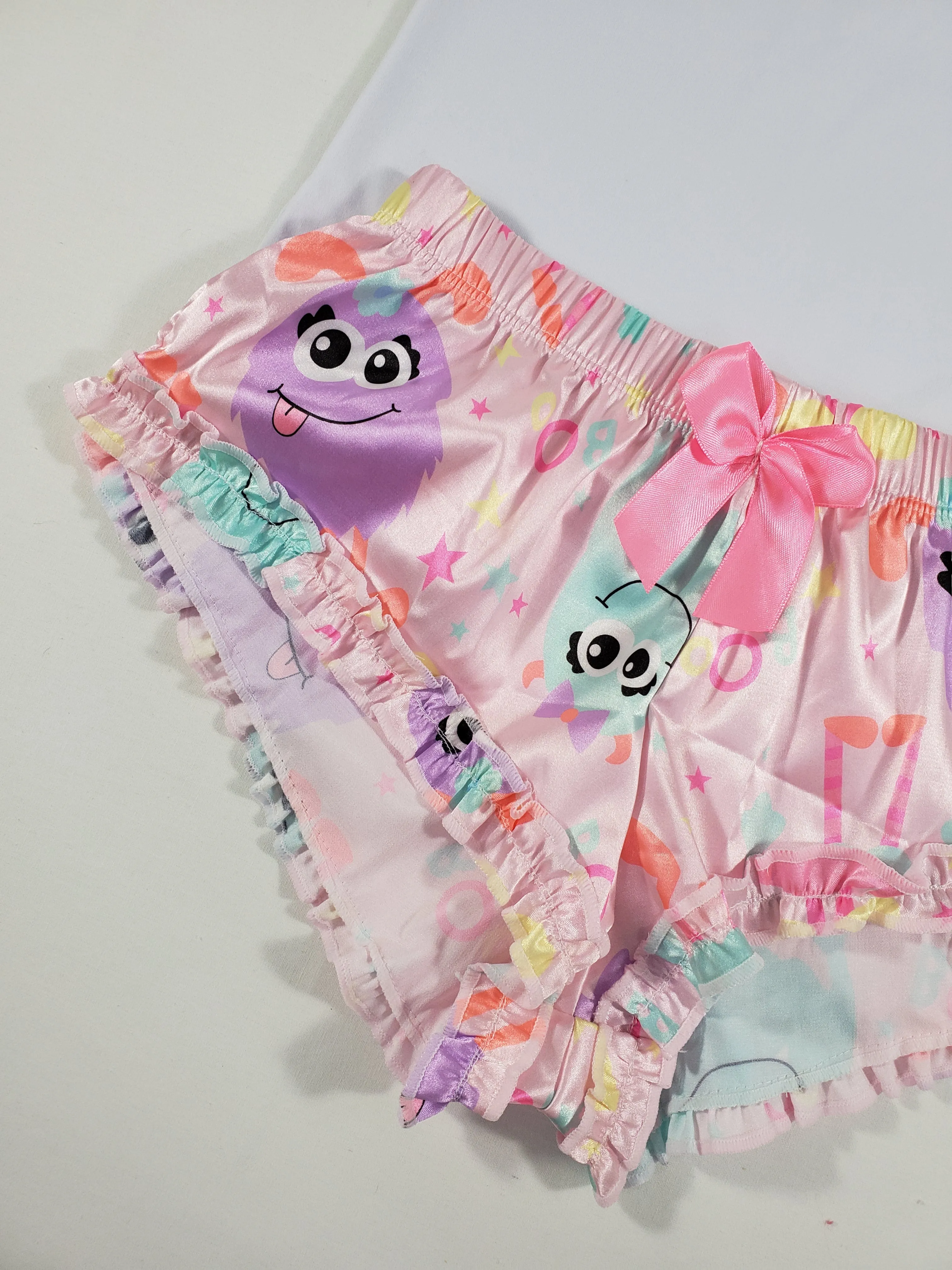 Sexy Women's pajama pink satin shorts cute monsters theme white blouse