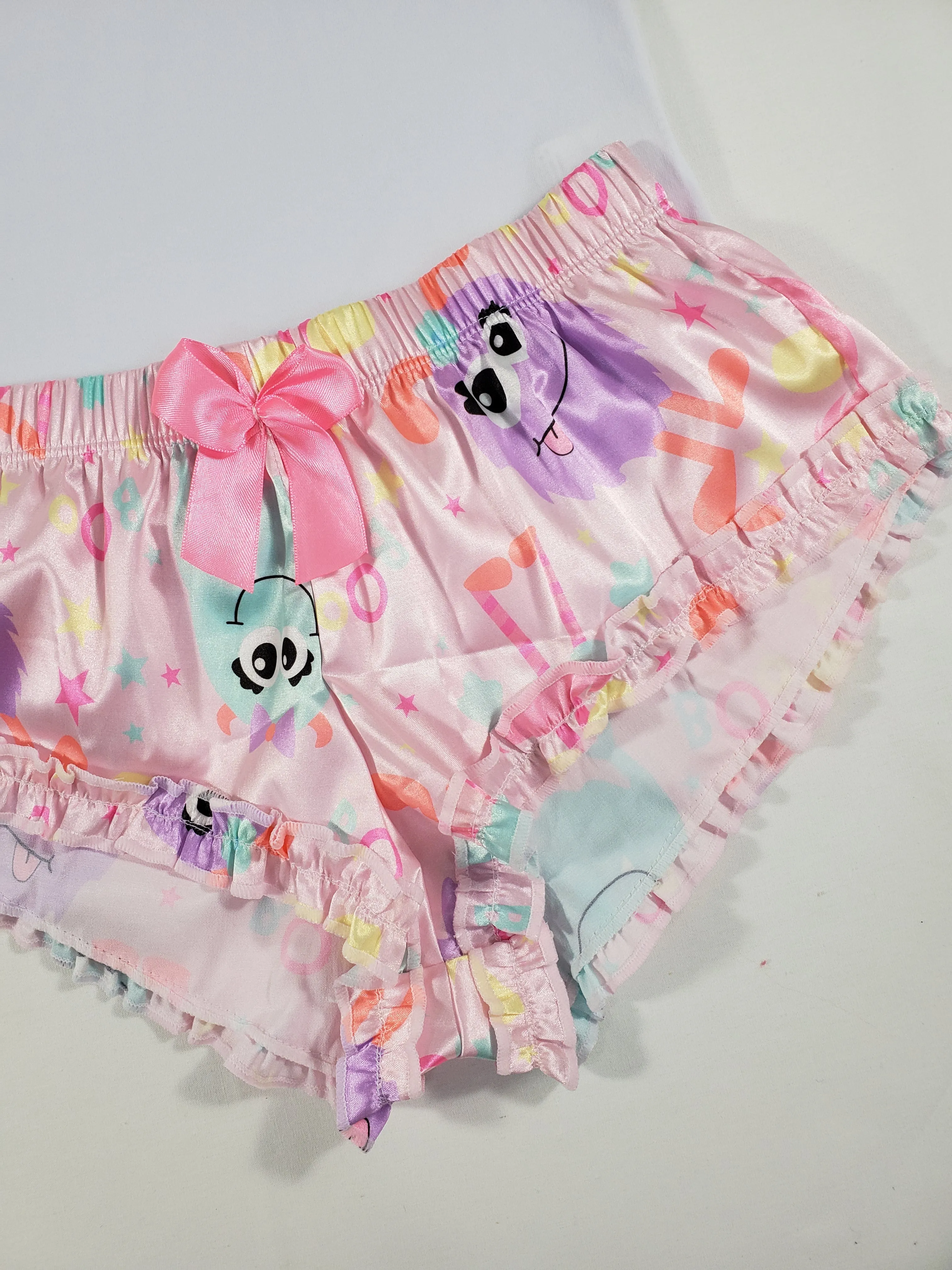 Sexy Women's pajama pink satin shorts cute monsters theme white blouse