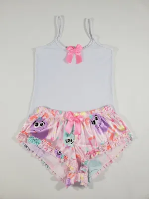 Sexy Women's pajama pink satin shorts cute monsters theme white blouse