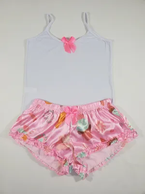 Sexy Women's pajama pink satin shorts donuts theme white blouse