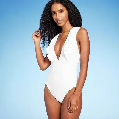 Shade & Shore Deep V Neck Flounce One Piece Swimsuit Crisscross Back Swimwear