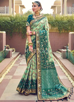 Shaded Turquoise Multi Embroidery Traditional Wedding Saree