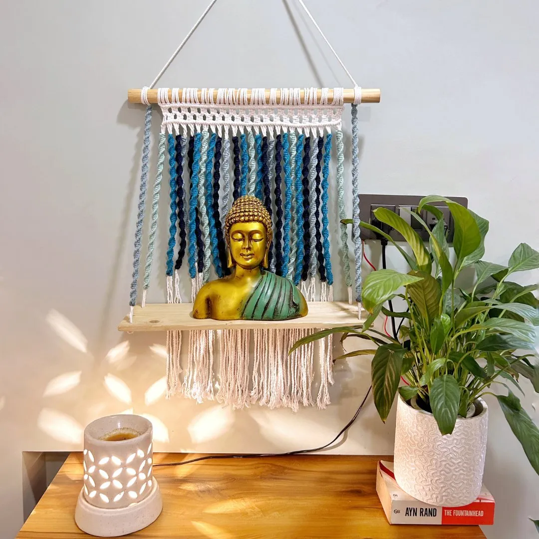 Shades of Blue Macrame Wall Shelf