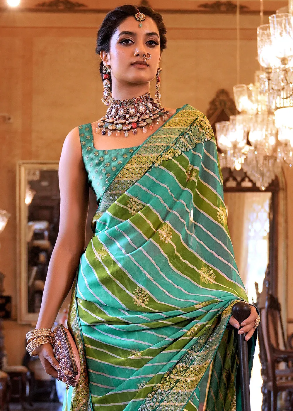 Shades Of Green Leheriya Printed Georgette Saree with Gota Patti work