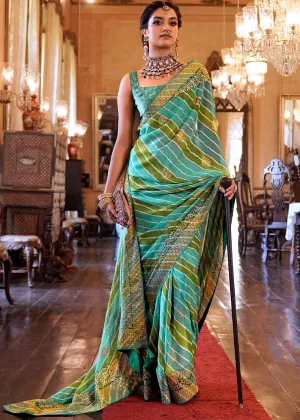 Shades Of Green Leheriya Printed Georgette Saree with Gota Patti work