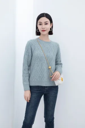 Shadow Blue Rhombus Round Neck Woolen Sweater