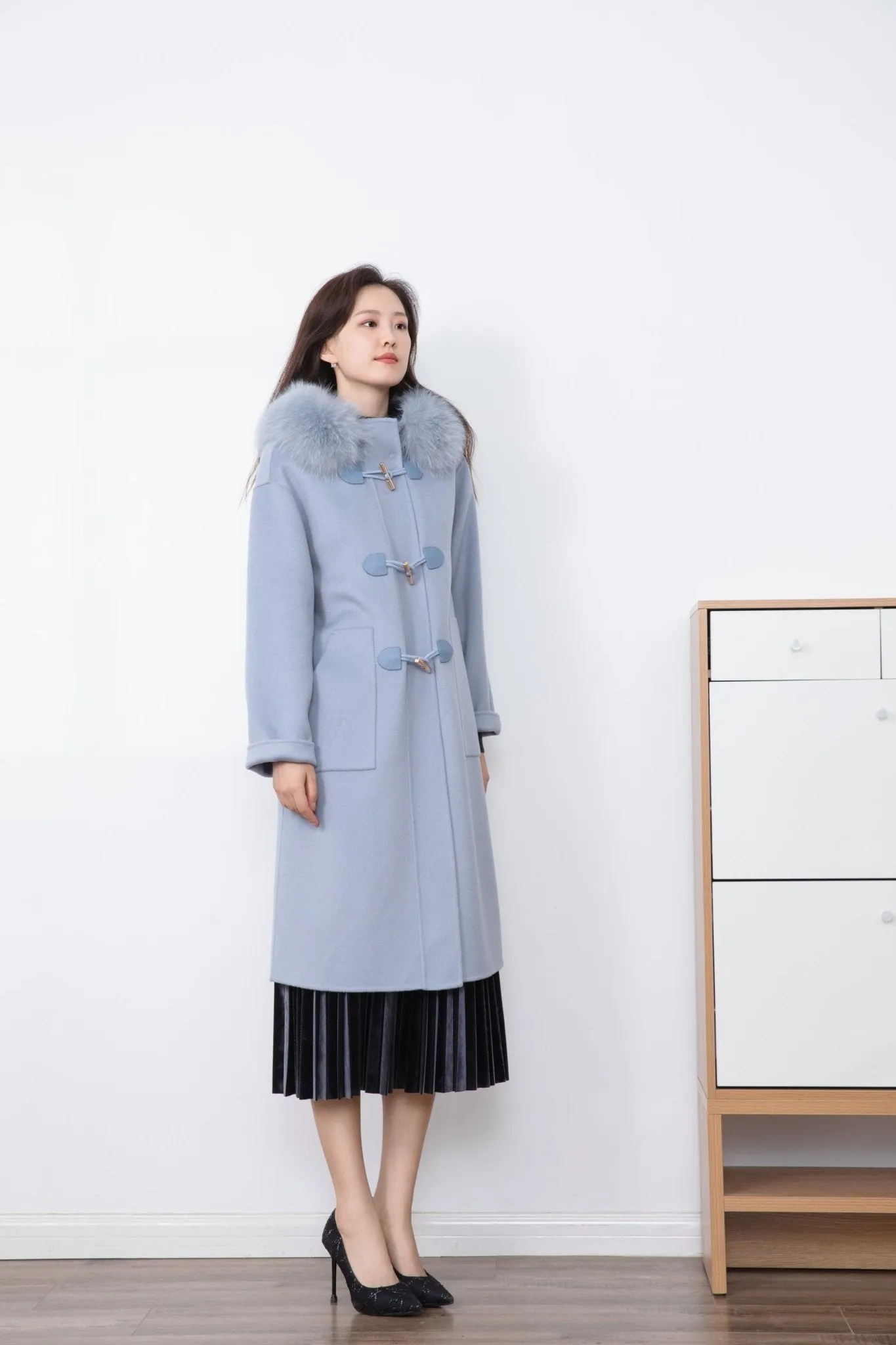 Shadow Blue Wool Overcoats with Fur Collar