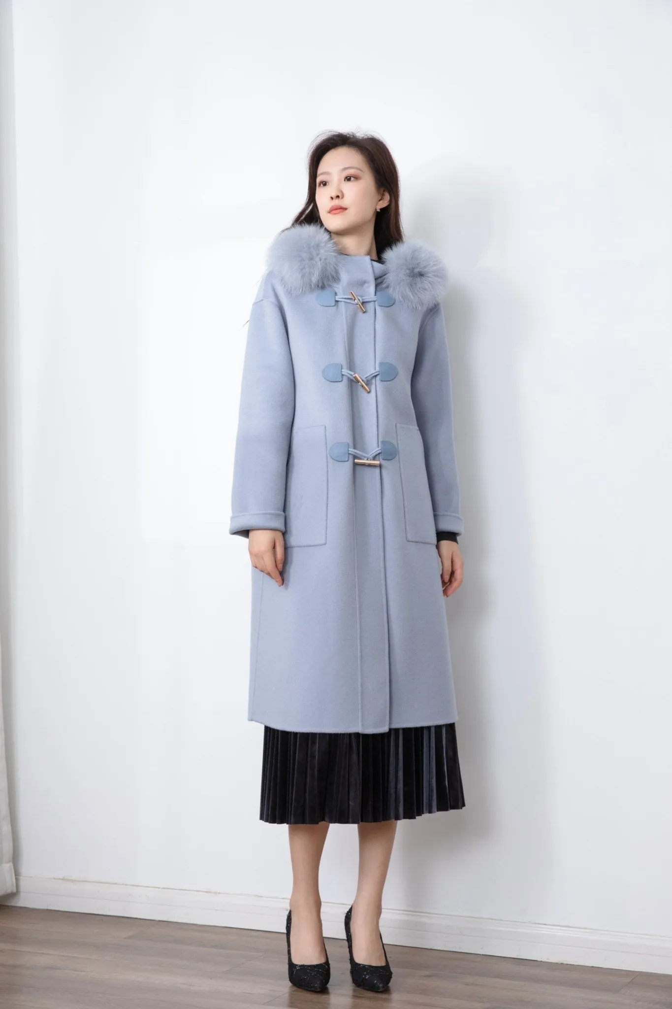 Shadow Blue Wool Overcoats with Fur Collar