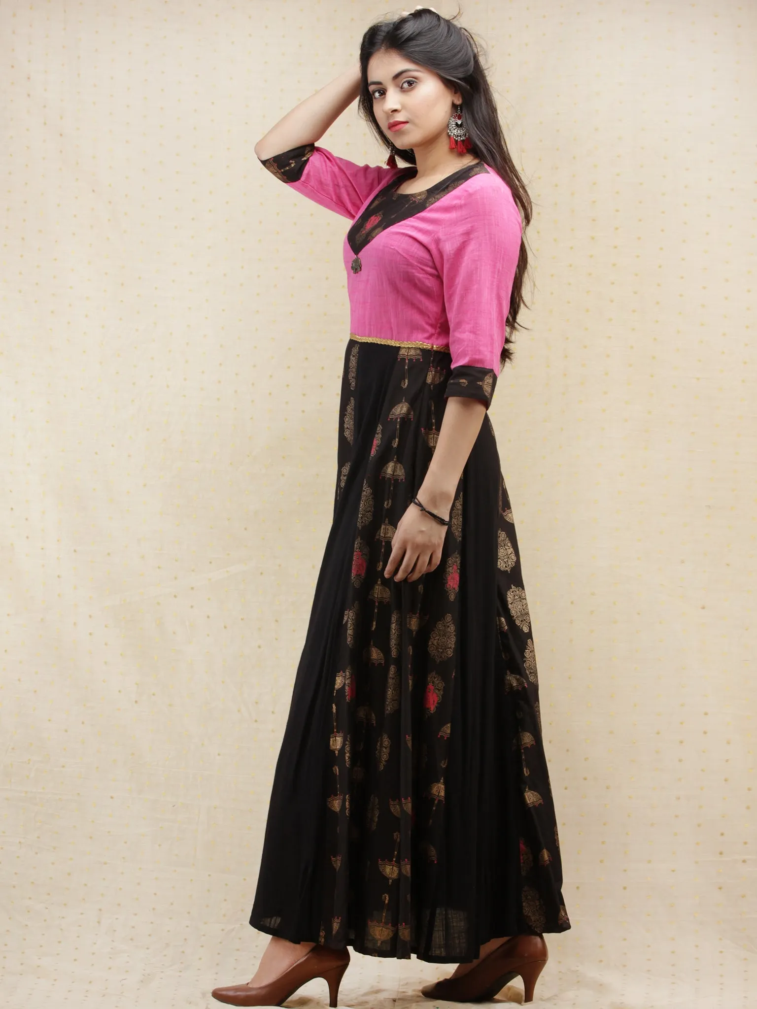 Shahnoor - Black Gold Printed Long Kali Dress  - D379FXXx