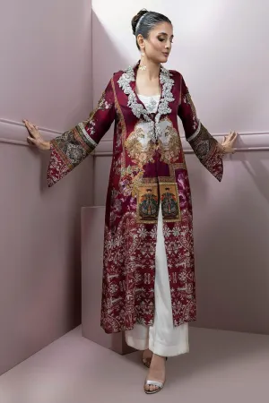 Shamaeel - Maroon Silk Embroidered Open Jacket with Silk Inner and Pants