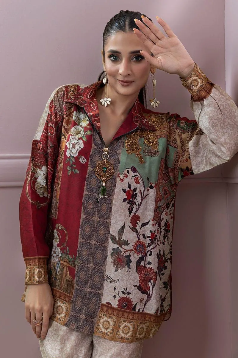 Shamaeel - Silk Embroidered Collared Shirt with Silk Printed Pants