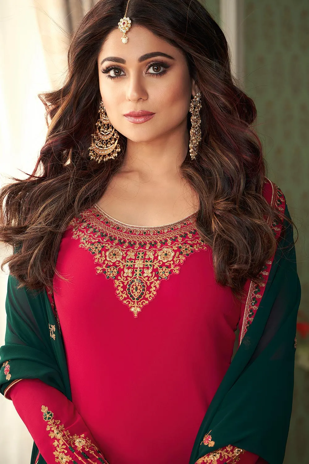 Shamita Shetty Pink & Green Georgette Palazzo Suit