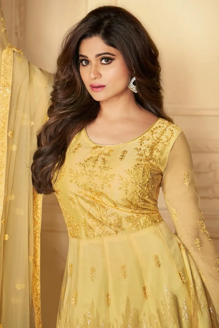 Shamita Shetty Yellow Color Net Embroidered Anarkali Suit