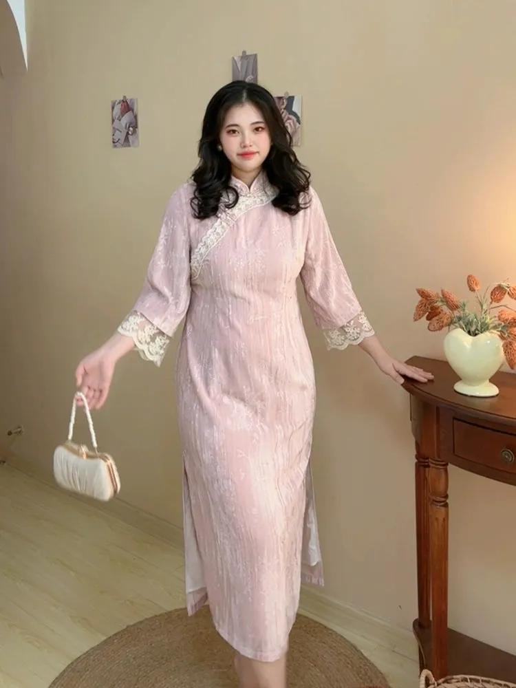 Shaonü 少女 1920s Inspired Plus Size Lace Half Sleeve Qipao