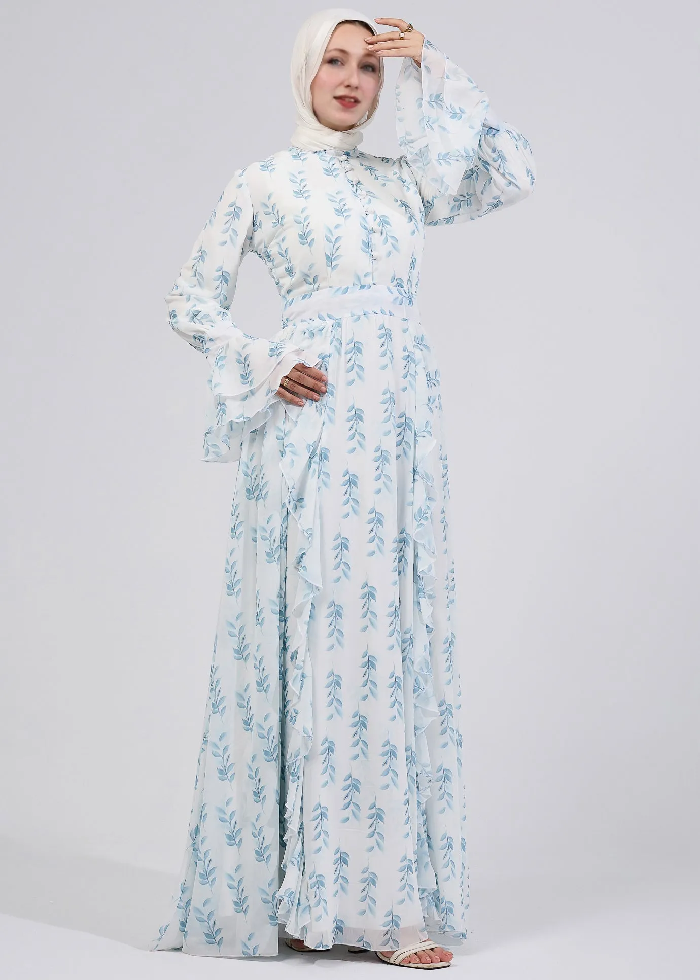 Shatha Floral Elegance Chiffon Maxi Dress with Bell Sleeves