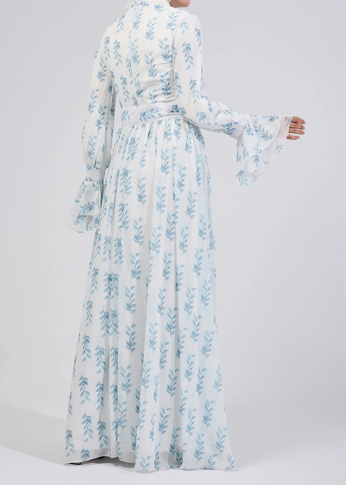 Shatha Floral Elegance Chiffon Maxi Dress with Bell Sleeves