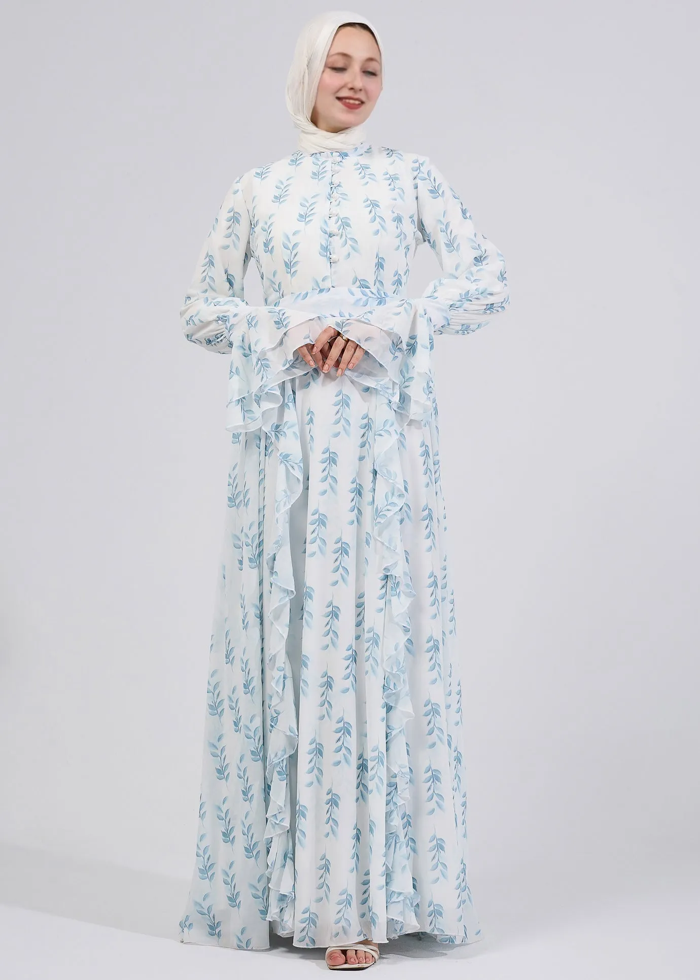 Shatha Floral Elegance Chiffon Maxi Dress with Bell Sleeves