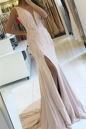 Sheath V-Neck Sweep Train Pearl Pink Backless Prom Dress with Beading PG519