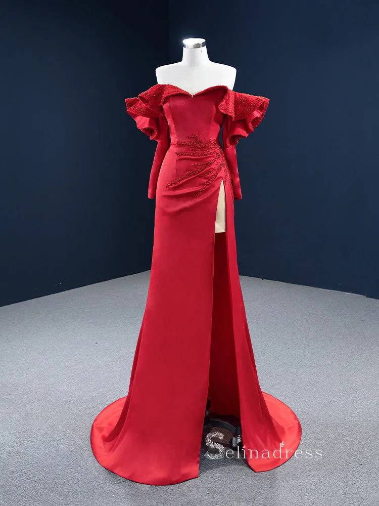 Sheath/Column Off-the-Shoulder Long Sleeve Red Prom Dress Evening Gowns GRB204