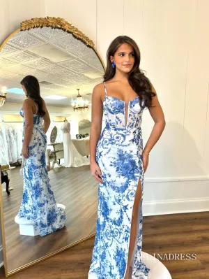 Sheath/Column Spaghetti Straps Blue Embroidery Flower Lace Long Prom Dress With Slit lps021