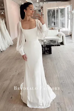 Sheer Bishop Sleeve Square Neck Fit and Flare Wedding Dress