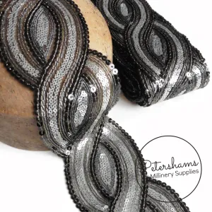 Sheer Black and Silver Sequin Metallic Mesh Trim - 1m