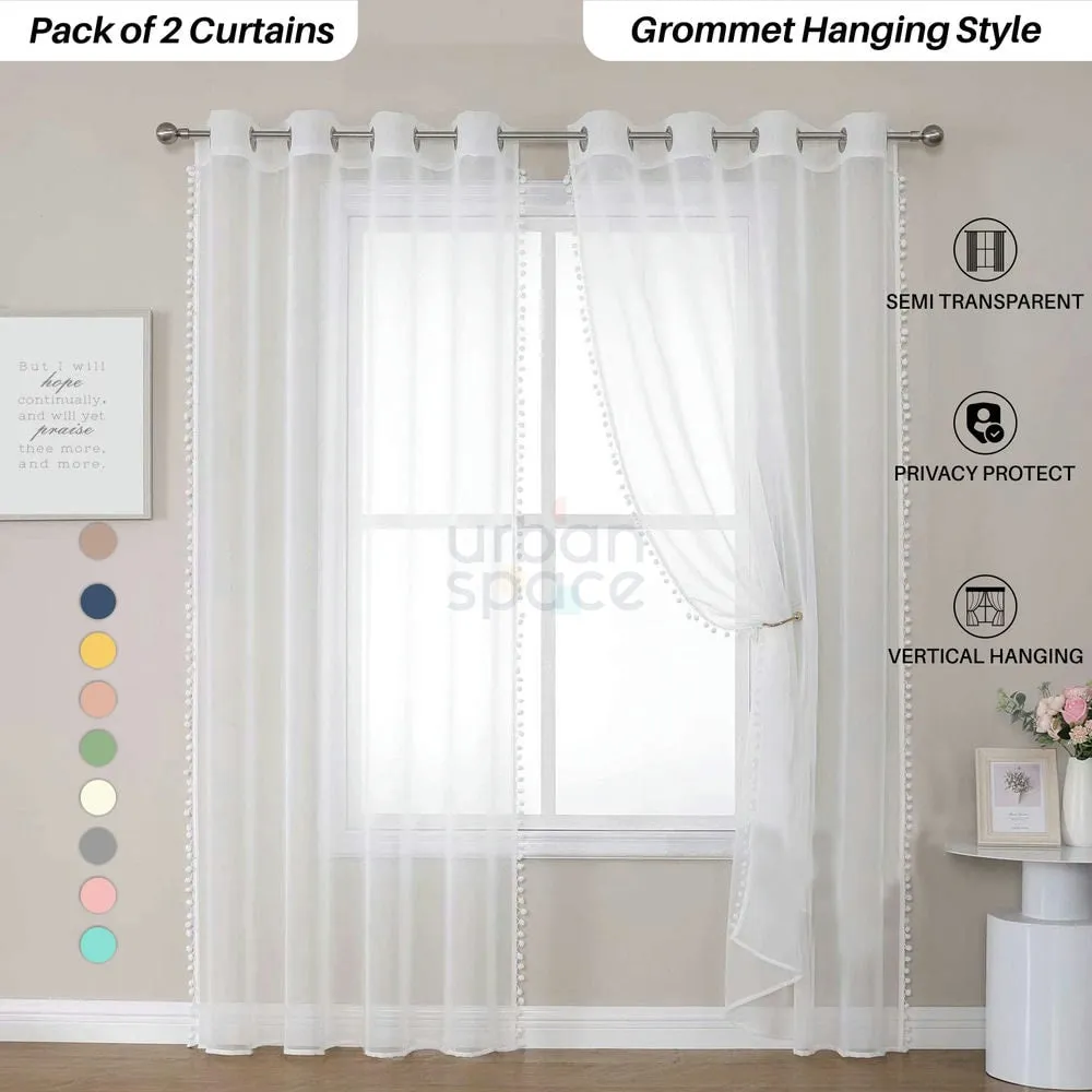 Sheer Curtain for Living Room with linen texture, Net Curtain for balcony, Pack of 2 Curtains - White with pom pom