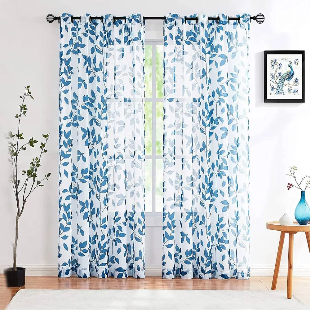 Sheer Curtains, Semi Transparent Curtains, Linen Textured Curtains for Living room, Pack of 2 Curtains, Petals