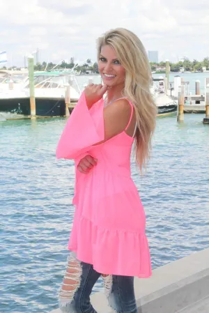 Sheer Neon Pink Bell Sleeve Top