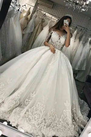 Sheer Tulle Ball Gown Wedding Dress With Appliques Short Sleeves