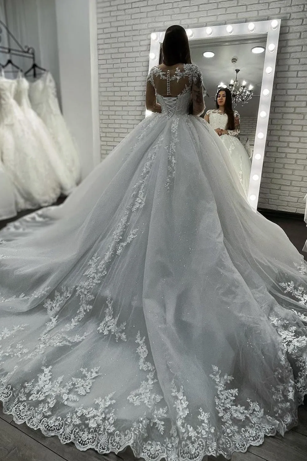 Sheer Tulle Ball Gown Wedding Dress With Long Sleeves Appliques