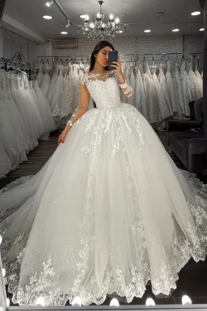 Sheer Tulle Ball Gown Wedding Dress With Long Sleeves Appliques