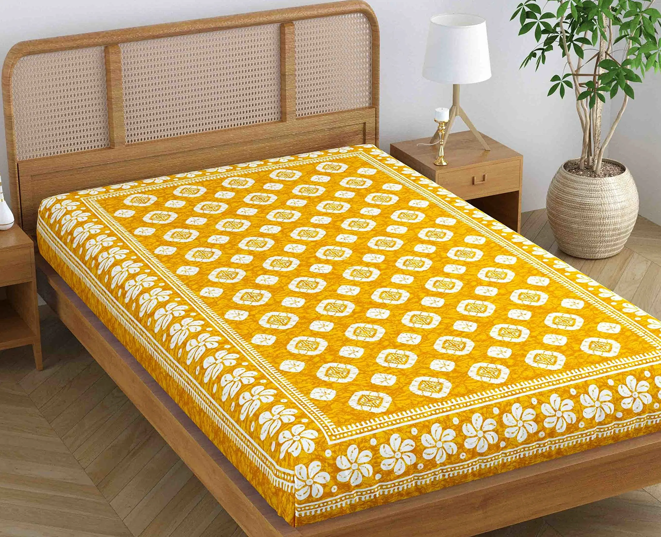 SheetKart Blossoms 100% Pure Cotton Jaipuri Printed Bedsheet for Single Bed, Traditional Ethnic Bed Cover - Yellow