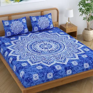 SheetKart Cotton Blend Traditional Mandala Jaipuri Printed Bedsheet for King Size Double Bed with 2 Pillow Covers - Azure Blue