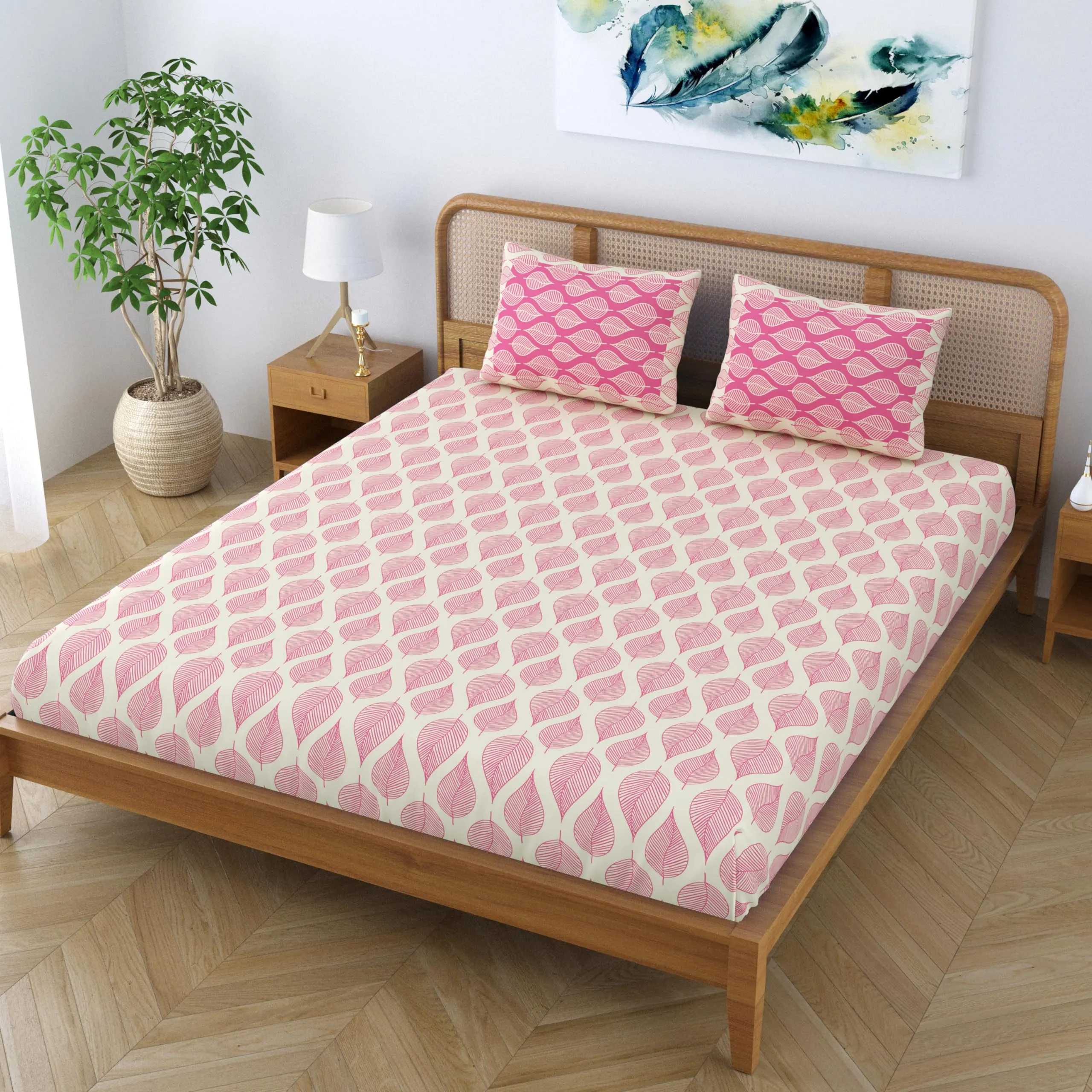 SheetKart Pure Cotton Aspen Leaves Printed Elegant Jaipuri Bedsheet for Double Bed King Size with 2 Pillow Covers - Bright Pink